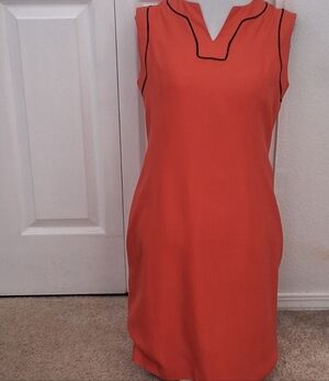Vintage Doncaster Collection 100% Silk Coral  Sheath Dress With Brown Piping